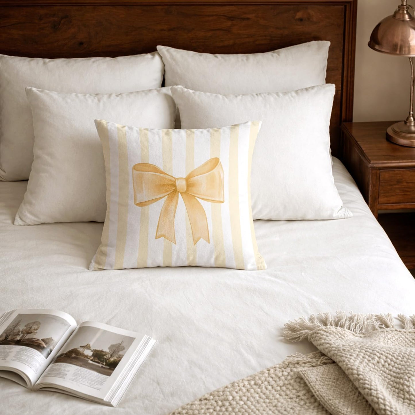 Yellow Bow Decorative Throw Pillow 18x18 Inch – Cute Blush Pink Striped Pillow Cover for Girls Room, Baby Nursery, Sofa or Bedroom Decor