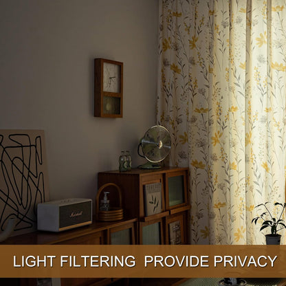 SUOUO Mustard Yellow Floral Curtain for Living Room Boho Chenille Patterned Grey Leaf 84 Inches Long Window Drapes for Bedroom Dining Sunflower 2 Panels