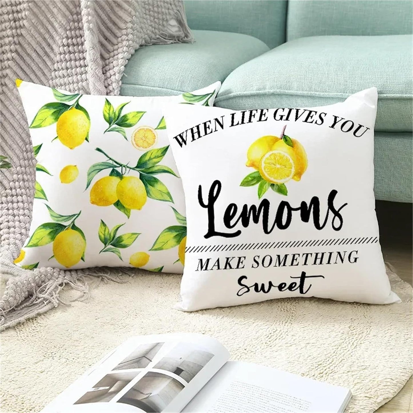 Synap 1PC Nordic Style Lemon Printed Cushion Cover 18x18 Inch, Summer Home Sofa Decor Polyester Pillow Case