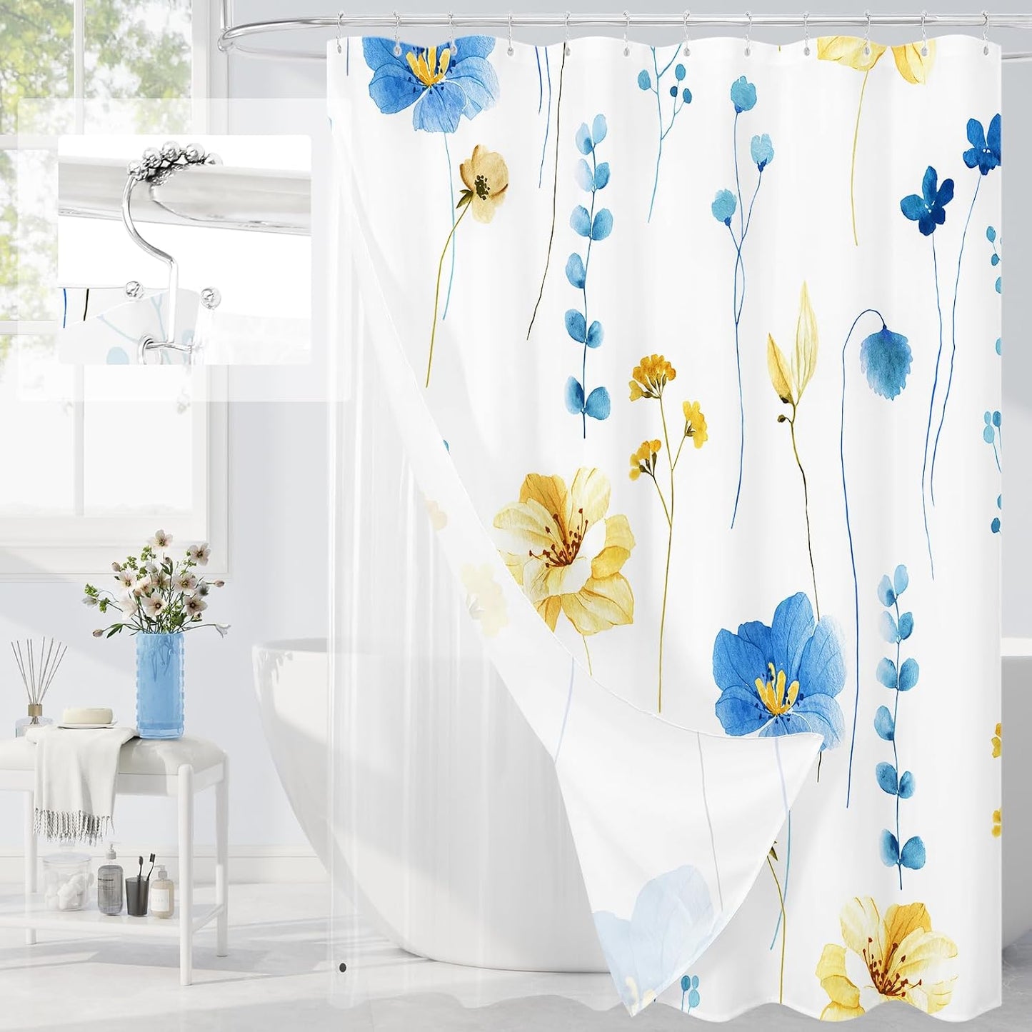 Gibelle Extra Long 3 in 1 Shower Curtain Set, Blue Yellow Watercolor Floral Bath Curtain and PEVA Liner Set with 12 Double Sided Steel Hooks, Waterproof Fabric Bathroom Curtain 72x84