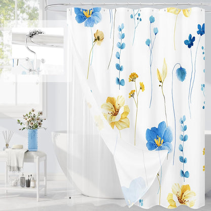 Gibelle Extra Long 3 in 1 Shower Curtain Set, Blue Yellow Watercolor Floral Bath Curtain and PEVA Liner Set with 12 Double Sided Steel Hooks, Waterproof Fabric Bathroom Curtain 72x84