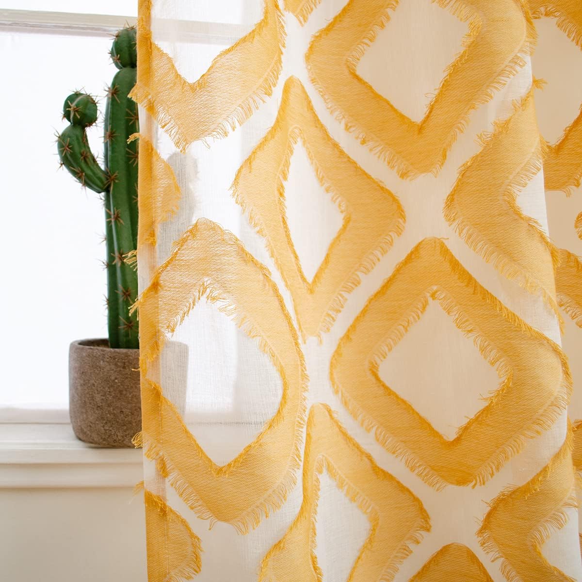 Linentalks Shaggy Yellow Sheer Curtains 63 Inches Long 2 Panels Set, Geometric Patterned Sheer Curtains for Living Room, Mustard Yellow Drapes Faux Linen Grommet Short Window Curtain Panels