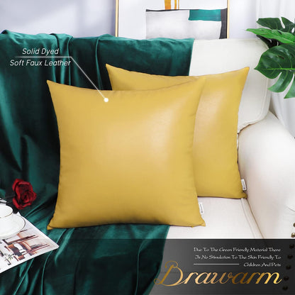 BRAWARM Faux Leather Throw Pillow Covers 18 X 18 Inches - Yellow Leather Pilow Covers Pack of 2, Solid Dyed Leather Pillowcases for Couch Bed Sofa Garden Home Decorative