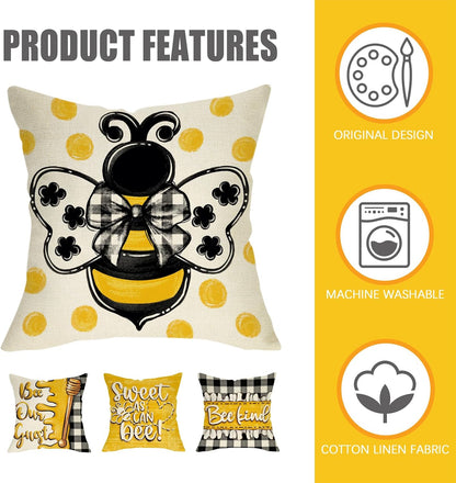 Spring Summer Honey Bee Kind Decorative Throw Pillow Covers 18 x 18 Set of 4, Yellow Bumble Bee Sweet As Can Bee Our Guest Outdoor Pillowcase, Buffalo Plaid Farmhouse Cushion Case Home Decor
