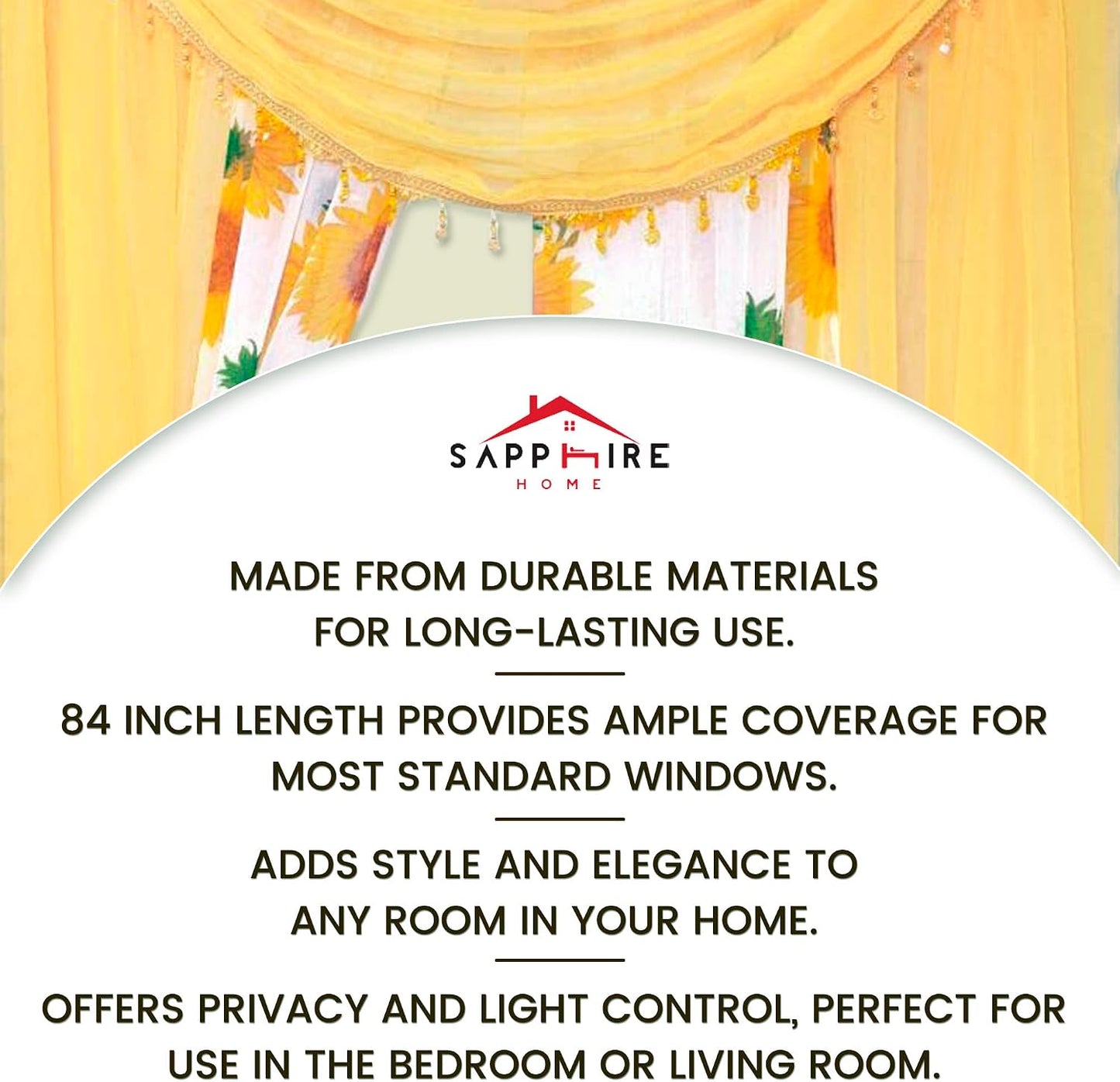 Sapphire Home Sheer Curtains - Two Tone 4 Panels Set w/Valance & Tiebacks, 55"x84", Lightweight Light-Filtering Window Curtain for Living Room, Bedroom, Kitchen, Dining Room - Sunflower/Yellow