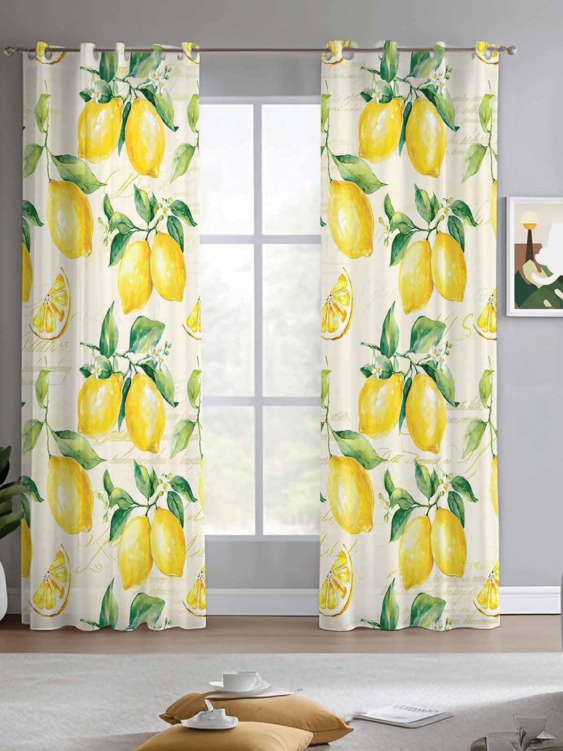 Yellow Lemon Sheer Curtains 90 Inch Length 2 Panels Set Summer Fruit Green Retro Farmhouse Leaf Curtain Drapes for Kitchen/Bedroom/Living Room/Doorway/Sliding Glass Door/Bathroom Window Panel 52x90