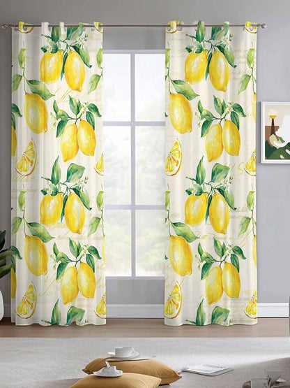 Yellow Lemon Sheer Curtains 90 Inch Length 2 Panels Set Summer Fruit Green Retro Farmhouse Leaf Curtain Drapes for Kitchen/Bedroom/Living Room/Doorway/Sliding Glass Door/Bathroom Window Panel 52x90