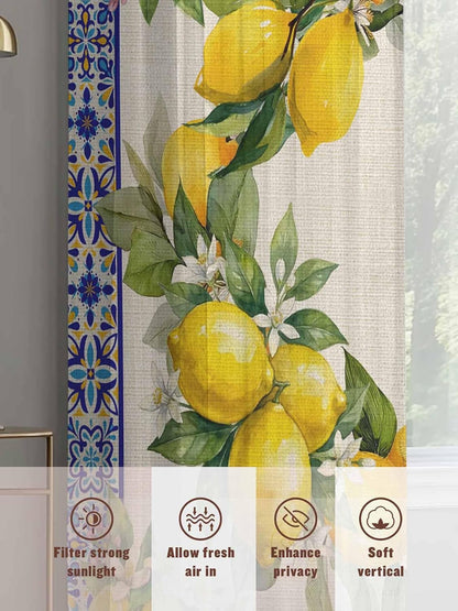Summer Lemons Semi Sheer Curtains 72 inch length 2 panels set Vintage Yellow Fruit Flower Blue Ethnic Plaid Kitchen Curtains Rod Pocket Sheer Drapes for Bedroom Living Room, Voile Window Treatment