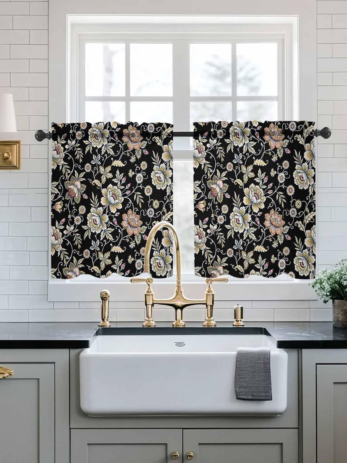 Damask Florals Sheer Curtains for Bedroom Living Room Window Tier Curtains 24 Inch Length,Garden Yellow Flowers Daisy Leaf Rustic Black Kitchen Curtains Small Half Window Drapes 27.5"x24" 2 Panels