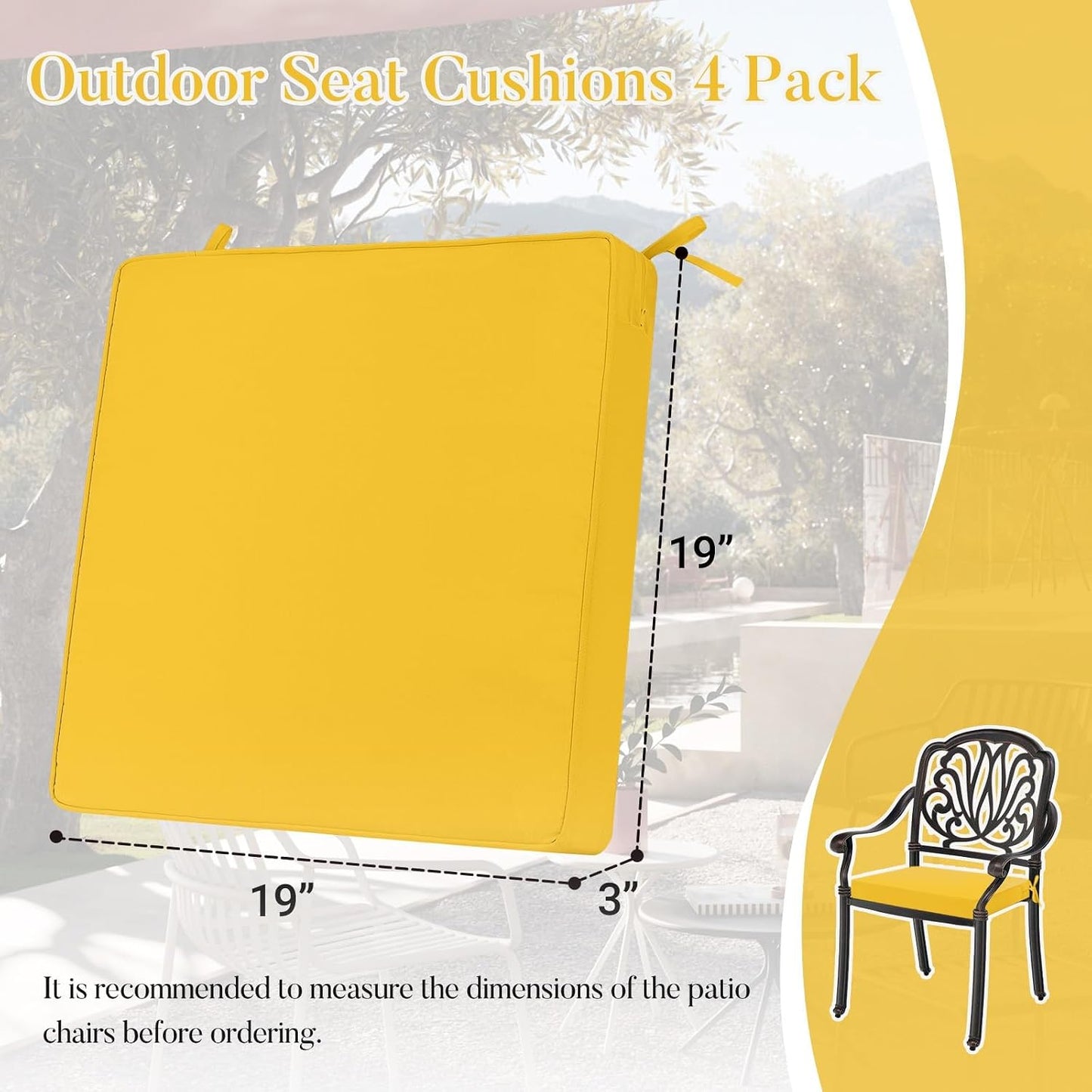 Basic Beyond Outdoor Chair Cushions for Patio Furniture, Waterproof Outdoor Seat Cushions Set of 4 19 x 19, Patio Chair Cushions Set of 4 with Ties and Handle, Yellow