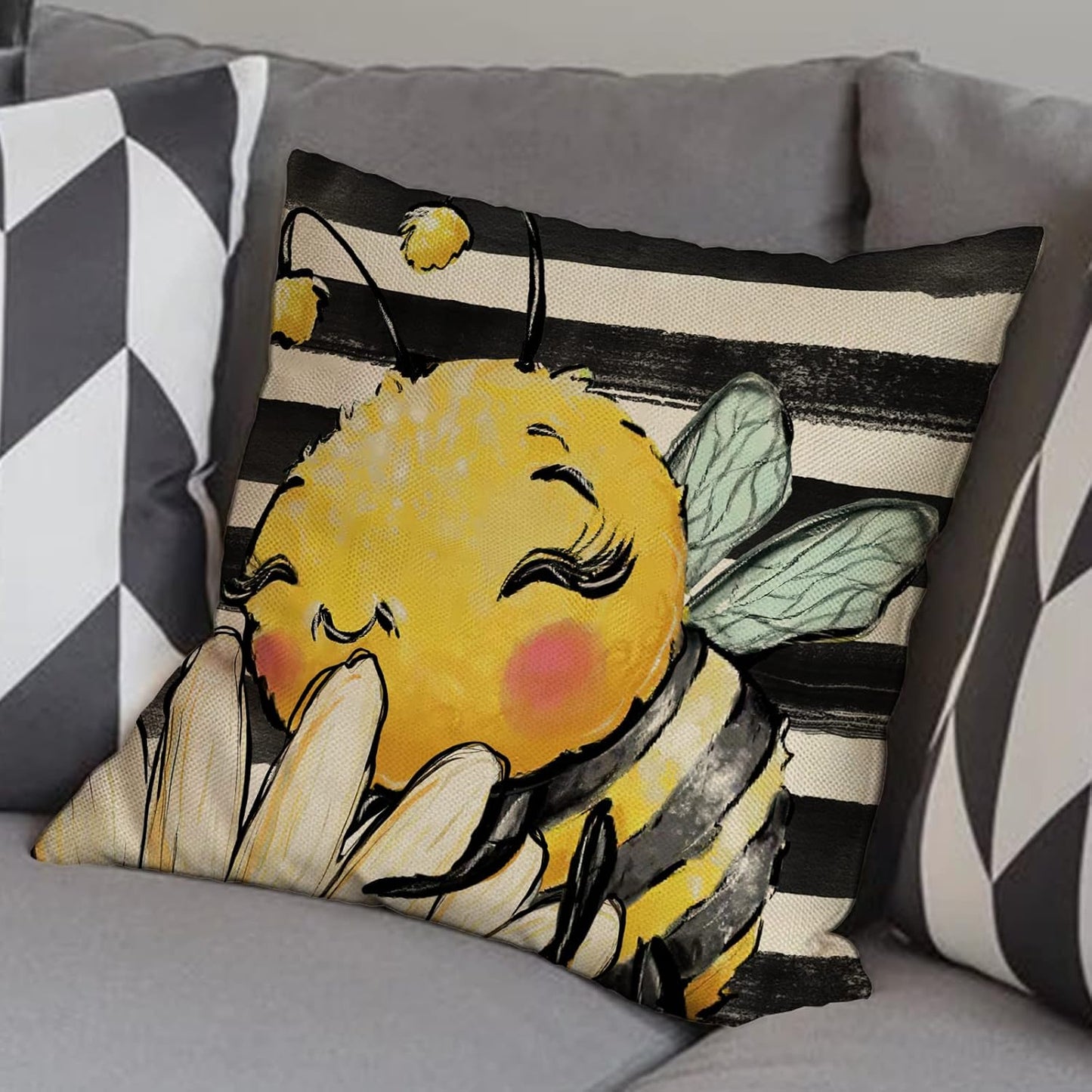 Spring Summer Bumble Bee Sunflower Decorative Throw Pillow Covers 18x18 Set of 4, Fall Farmhouse Black White Stripe Home Decor, Yellow Buffalo Plaid Check Quote Outdoor Couch Cushion Case