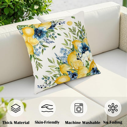 Summer Lemon Floral Pillow Covers 18x18 Set of 2 Yellow and Blue Lemons Fruit Flower Decorative Pillow Cases Spring Farmhouse Cushion Cover for Outdoor Sofa Couch Home Decor