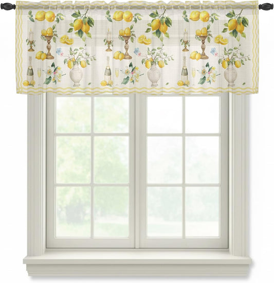 Boho Lemons Sheer Curtains Valances for Windows Summer Vintage Yellow Fruits Flowers Leaf Stripe Chiffon Kitchen Valances for Cafe, Voile Window Treatments Curtains for Living Room Bedroom, 54"x18"