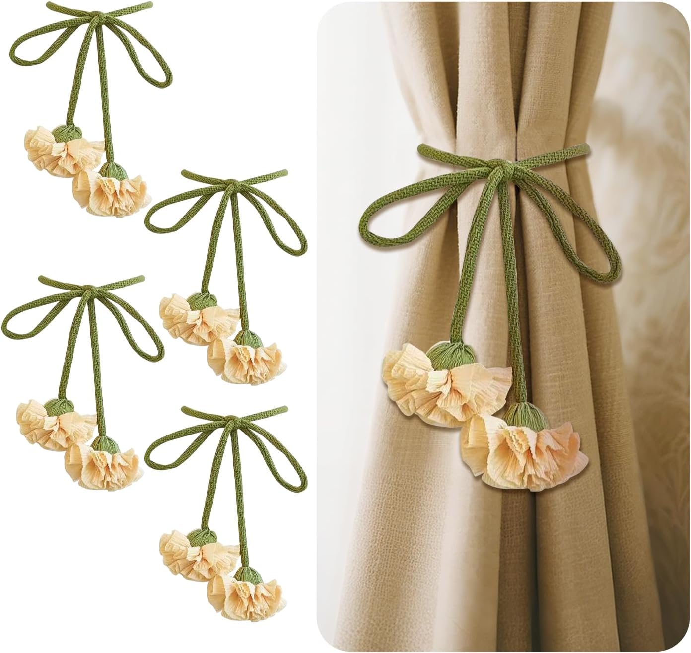 4 Pcs Carnation Flower Fabric Curtain Tiebacks,Adjustable Floral Curtain Rope Tiebacks for Home Office Shower Bedroom Decorative (Yellow)