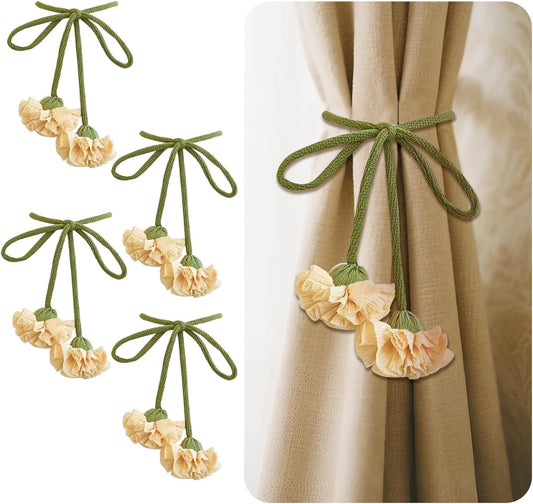 4 Pcs Carnation Flower Fabric Curtain Tiebacks,Adjustable Floral Curtain Rope Tiebacks for Home Office Shower Bedroom Decorative (Yellow)