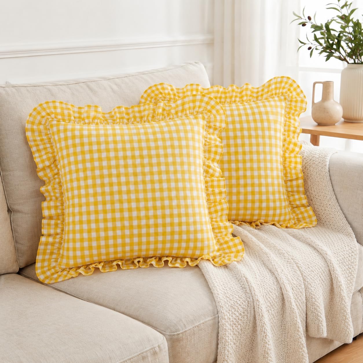 PartyDelight Gingham Throw Pillow Covers Yellow and White Ruffle Plaid Checkered Fall Decorative Farmhouse Euro Pillow Shams 2 Pack for Bed/Sofa Zipper Closure 100% Washed Cotton (18x18Inches)