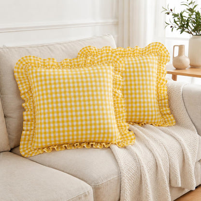 PartyDelight Gingham Throw Pillow Covers Yellow and White Ruffle Plaid Checkered Fall Decorative Farmhouse Euro Pillow Shams 2 Pack for Bed/Sofa Zipper Closure 100% Washed Cotton (18x18Inches)