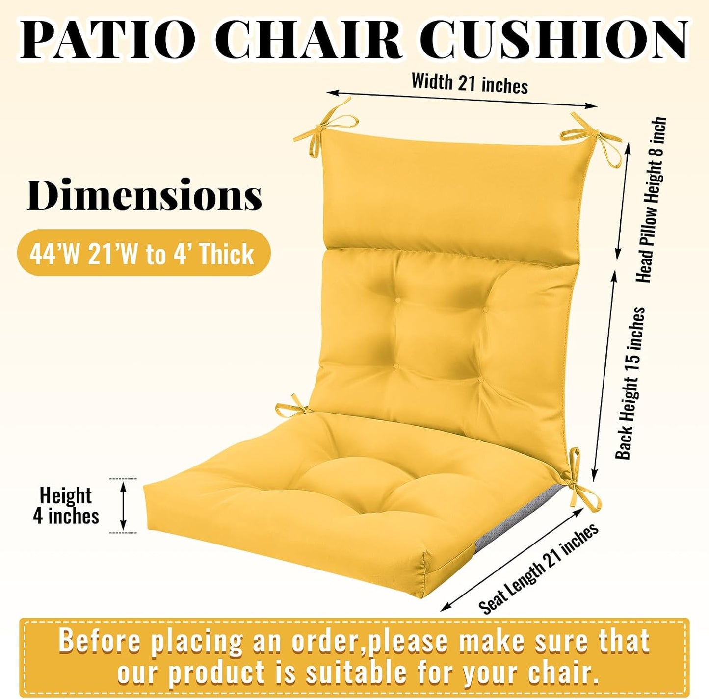 Sintuff 4 Pcs 44 x 21 x 4 Outdoor Chair Cushion Patio Chair Cushions Seat/Back Tufted Pillow with Ties Water Resistant Replacement Indoor Patio Furniture Outdoor Furniture (Solid Color,Yellow)