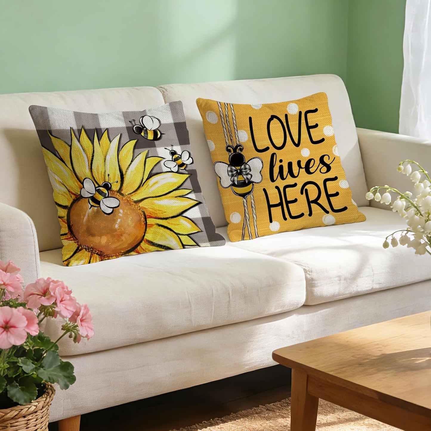 Spring Summer Sunflower Decorative Throw Pillow Covers 18 x 18 Set of 4, Yellow Flower Bumble Bee Home Sweet Home Decor, Love Lives Here Floral Plaid Polka Dots Farmhouse Sofa Couch Cushion Case
