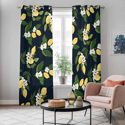 Lemons Yellow Summer Lemon Black Curtains for Bedroom and Living Room, Window Curtains Light Filtering Semi Sheer Window Drapes with Grommet (2 Panels, Each 52" W x 96" L)