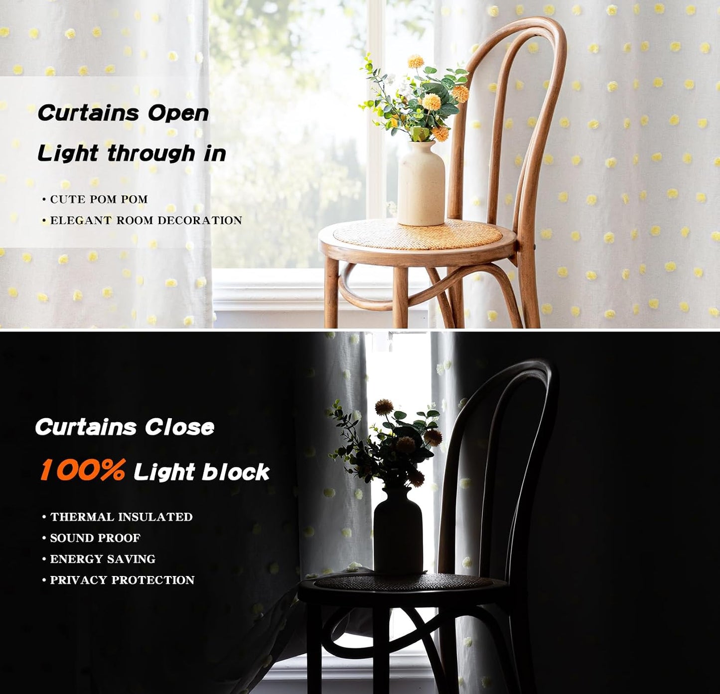 MYSKY HOME 100% Blackout Curtains for Nursery Thermal Insulated Yellow Pom Pom Curtains 63 Inch Length for Girls Bedroom 2 Panels Grommet White Sheer Curtains for Dining Room, 52W x 63L