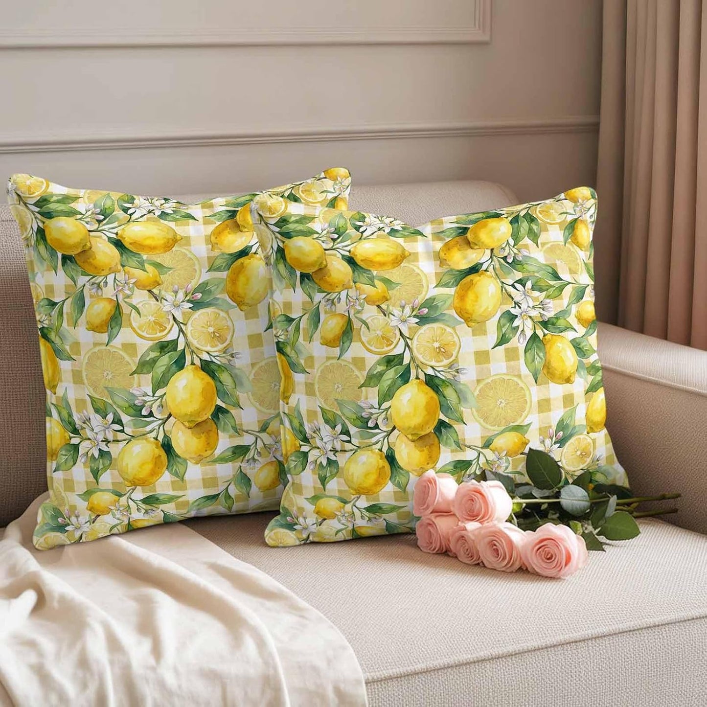 Outdoor Pillow Covers 18x18 Pack of 2, Summer Lemon Country Leaves Decorative Pillow Cover Waterproof Pillowcase, Yellow White Buffalo Check Farmhouse Cushion Covers for Garden Patio Sofa Couch Bench