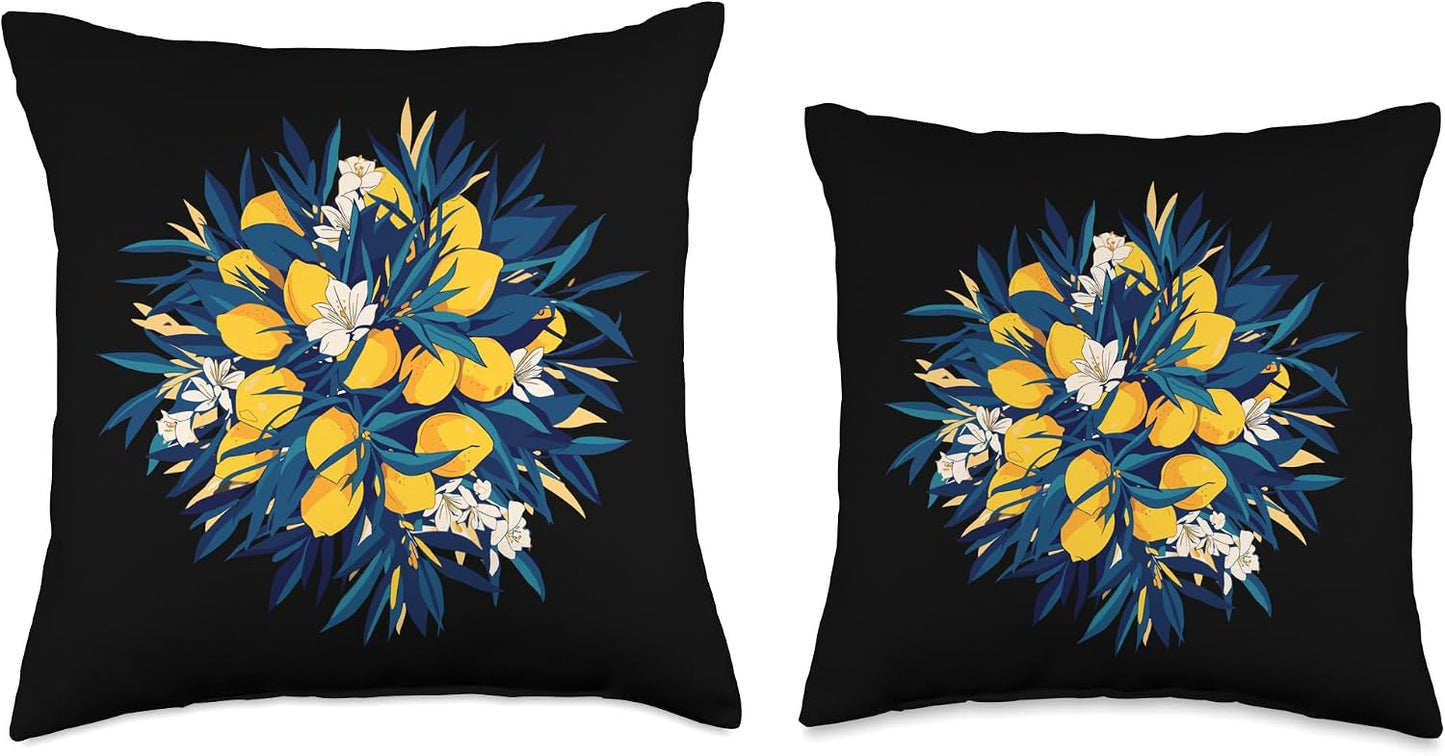 Summer Lemon Bouquet Floral Citrus Botanical Throw Pillow