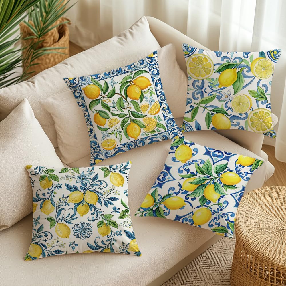 Pack of 4, Decorative Lemon Print Throw Pillow Cover, 18x18 inch, 100% Polyester, Hidden Zipper, Mediterranean Blue Border