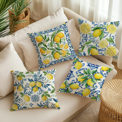 Pack of 4, Decorative Lemon Print Throw Pillow Cover, 18x18 inch, 100% Polyester, Hidden Zipper, Mediterranean Blue Border