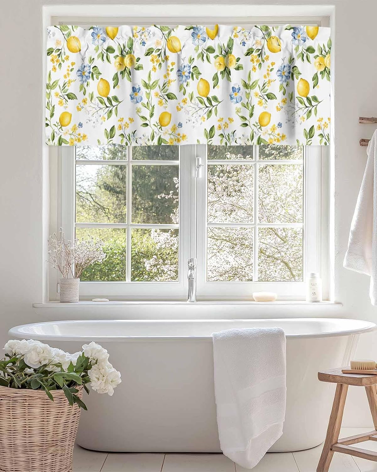 Lemon Valances for Windows/Bedroom/Living Room/Kitchen/Cafe, Blue Yellow Flower Lemon Summer Semi Sheer Small Curtain Valance Rod Pocket Light Filtering Window Treatment, 60" x 18"