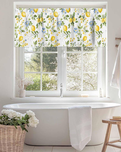 Lemon Valances for Windows/Bedroom/Living Room/Kitchen/Cafe, Blue Yellow Flower Lemon Summer Semi Sheer Small Curtain Valance Rod Pocket Light Filtering Window Treatment, 60" x 18"