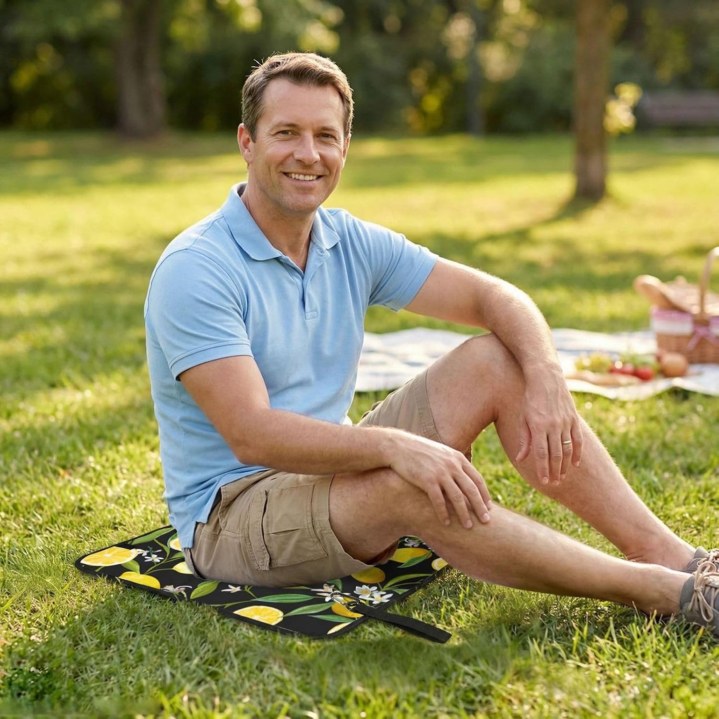 Yellow Lemon Print Fold Away Seat Cushion Portable Outdoor Pad Polyester Bleacher Bench Mat Travel Picnic Pad