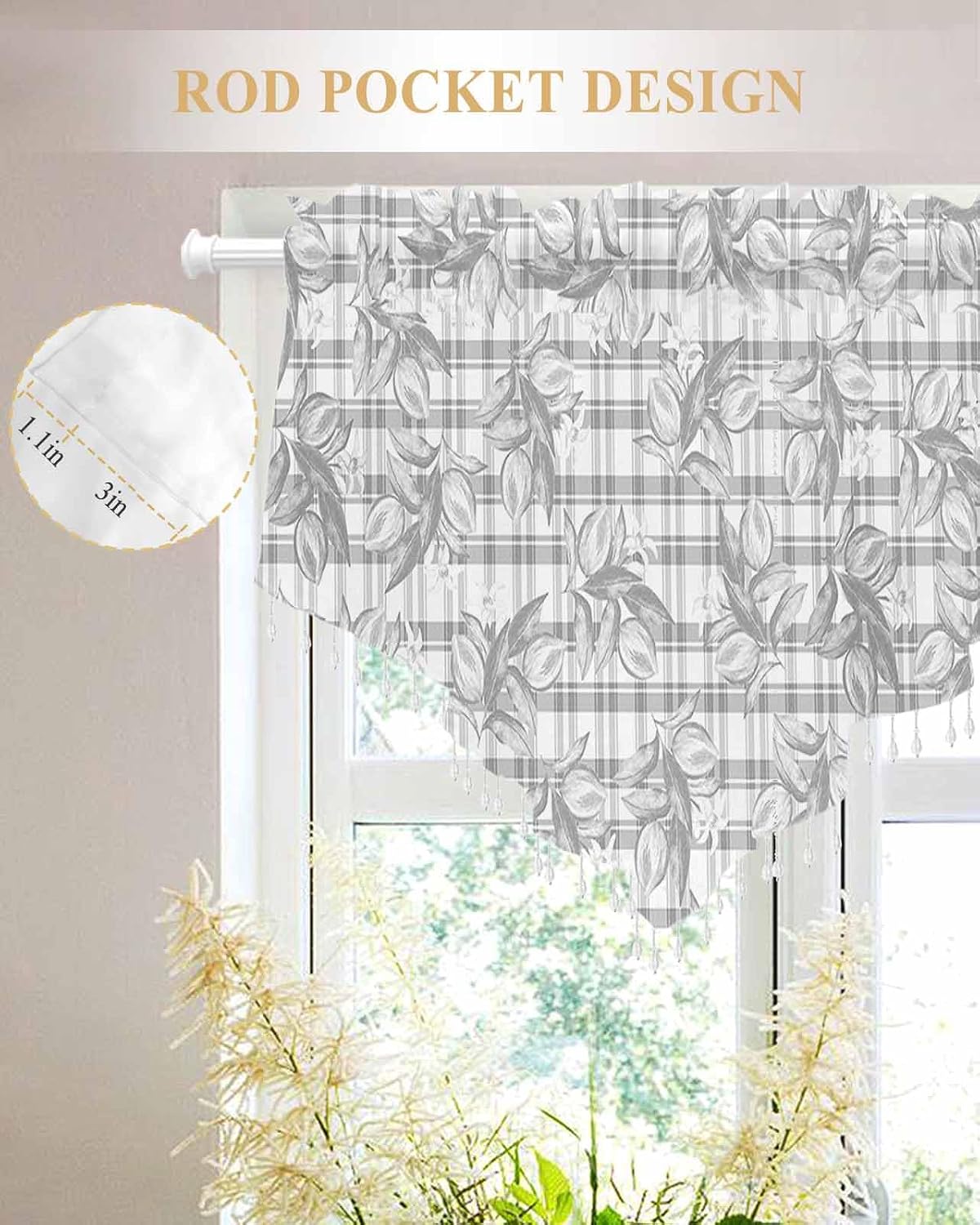 Daleng Beaded Sheer Valances for Windows Hand Painted Summer Lemon Flowers Grey Plaid Rod Pocket Triangle Valance Curtains 1 Pieces Tassels Voile Swag Curtains for Living Room Bedroom, 52x18 Inch