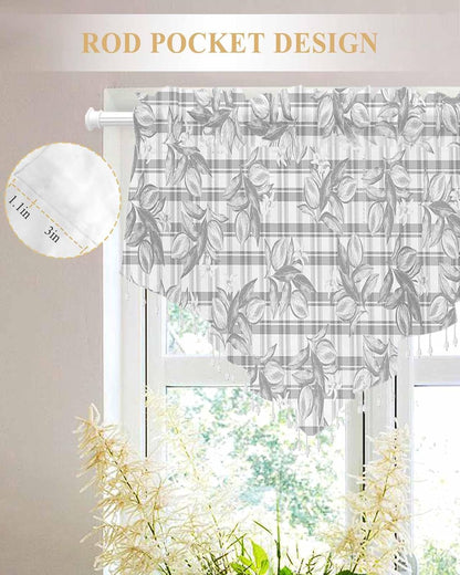 Daleng Beaded Sheer Valances for Windows Hand Painted Summer Lemon Flowers Grey Plaid Rod Pocket Triangle Valance Curtains 1 Pieces Tassels Voile Swag Curtains for Living Room Bedroom, 52x18 Inch