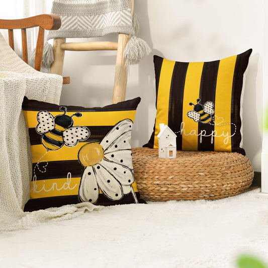 AVOIN colorlife Happy Bee Kind Stripes Summer Spring Throw Pillow Covers, 18 x 18 Inch Polka Dot Daisy Yellow Cushion Case Decoration for Sofa Couch Set of 4