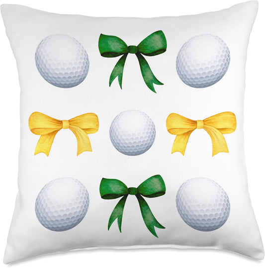 Girl Golfer Green & Yellow Bows Women's Golfing Team Mom Throw Pillow