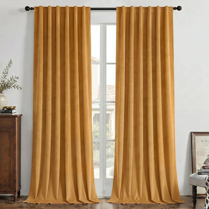 Joydeco Mustard Yellow 100% Blackout Curtains 84 Inch 2 Panels, Luxury Thermal Yellow Velvet Curtains for Bedroom Living Room, Soundproof Blackout Window Drapes, Rod Pocket & Back Tab (52W x 84L)