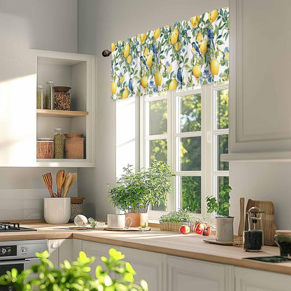Chinoiserie Tropical Valances for Windows Yellow Lemon Blue Bird Pattern Kitchen Valance Curtains for Living Room/Bathroom Windows，Rod Pocket Cafe Curtain,1 Panel, 42" x12