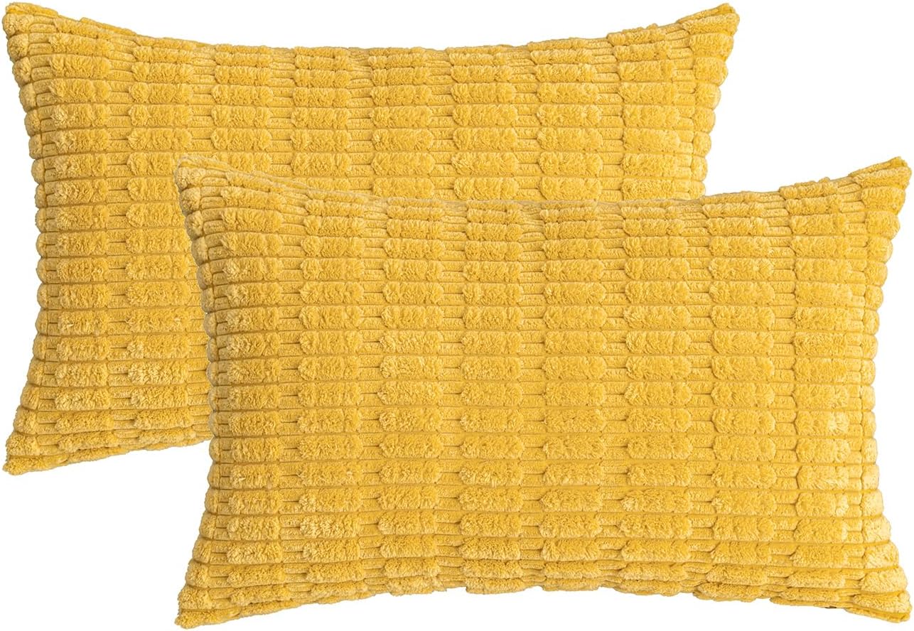 HWY 50 Mustard Yellow Corduroy Decorative Throw Pillow Covers 12x20 Inch Rectangle, Pack of 2, Soft Striped Farmhouse Boho Cushion Cases for Couch Sofa Bed Living Room