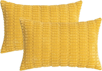 HWY 50 Mustard Yellow Corduroy Decorative Throw Pillow Covers 12x20 Inch Rectangle, Pack of 2, Soft Striped Farmhouse Boho Cushion Cases for Couch Sofa Bed Living Room