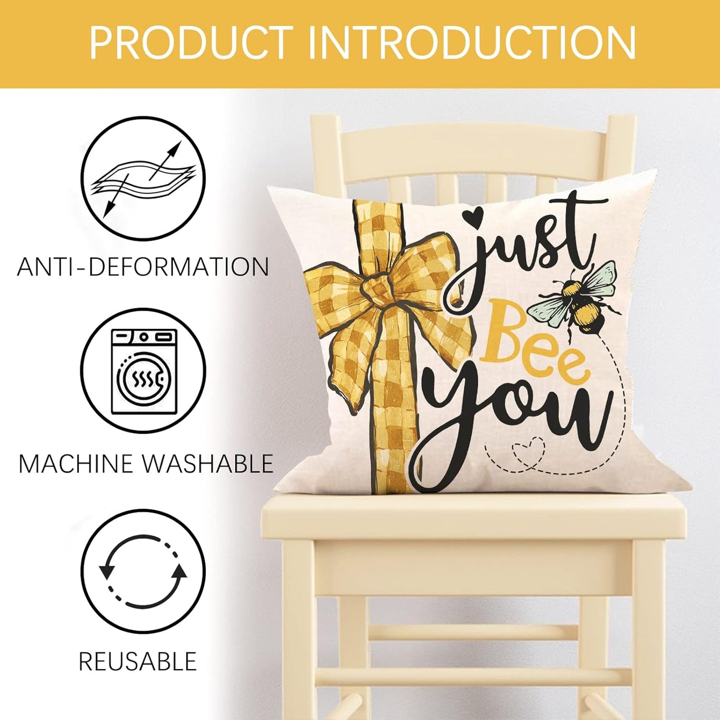Spring Summer Bumble Bee Sunflower Decorative Throw Pillow Covers 18x18 Set of 4, Fall Farmhouse Black White Stripe Home Decor, Yellow Buffalo Plaid Check Quote Outdoor Couch Cushion Case