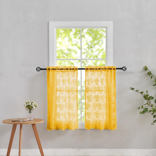 YJ YANJUN Vintage Lace Curtains 36 Inch Length- Victorian Floral 70s Mustard Yellow Short Kitchen Curtains for Bedroom Bathroom Small Window Coffee Cabinet Rod Pocket Gold 2 Panels W26 x L36 Inch