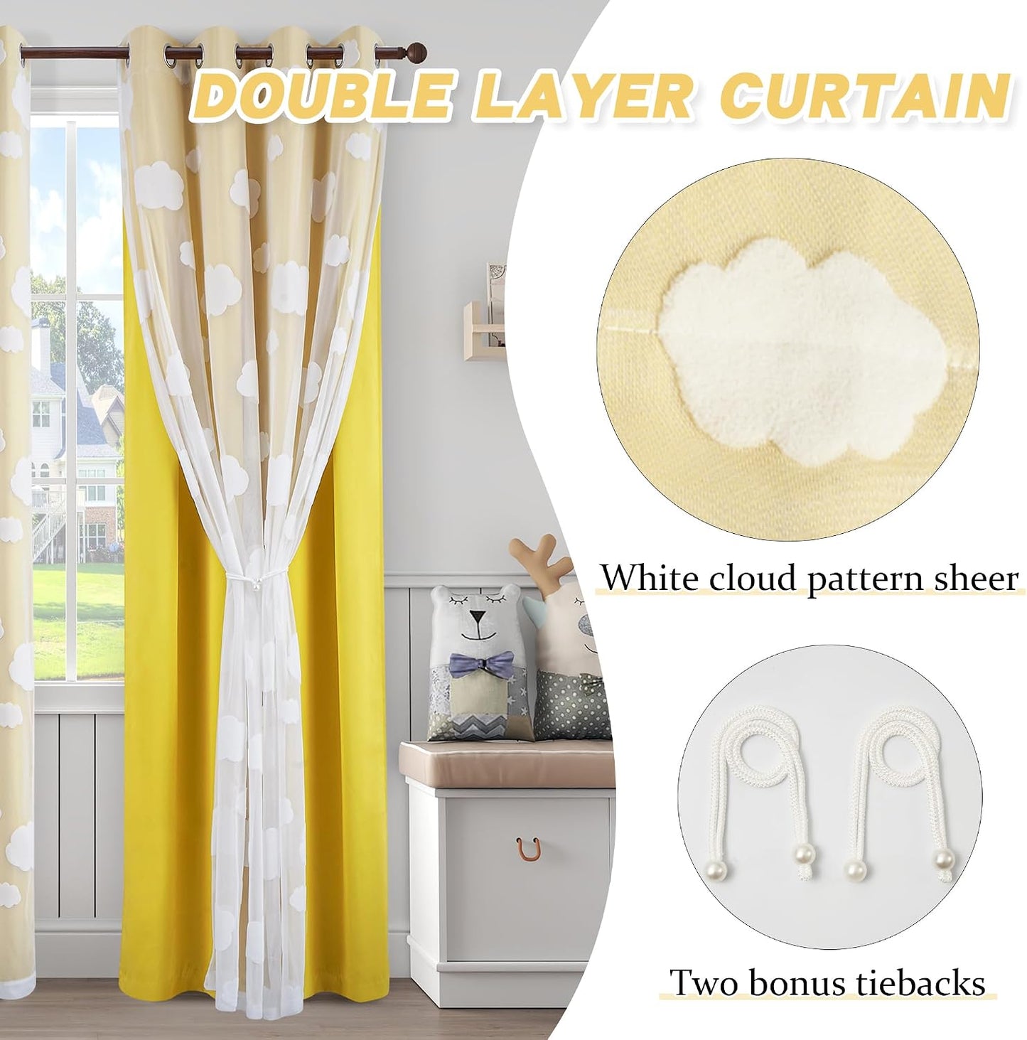 Yellow Blackout Curtains for Nursery Double Layer Curtains with Cute Cloud Pattern Sheer Overlay Grommet Room Darkening Drapes for Kids Room 2 Panels Set, W52 X L84
