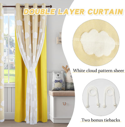 Yellow Blackout Curtains for Nursery Double Layer Curtains with Cute Cloud Pattern Sheer Overlay Grommet Room Darkening Drapes for Kids Room 2 Panels Set, W52 X L84