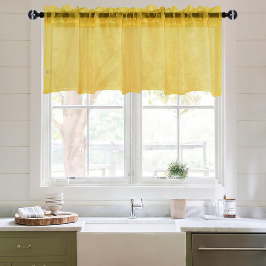 DWCN Sheer Curtain Valance 18 Inches Long, Light Filtering Curtain for Bathroom Bedroom, Small Kitchen Valance with Rod Pockets, 52x18 Inch, Yellow