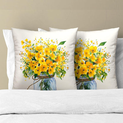 Yellow Flower Throw Pillow Cover 18x18inch 2 Packs Spring Watercolor Floral Jar Vase Cotton Cushion Case Summer Seasonal Farmhouse Pillowcase for Sofa Couch Home Patio
