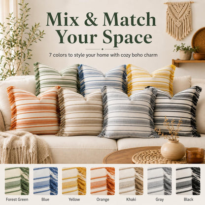 Spring Throw Pillow Covers 20x20 Set of 2, Striped Pillow Covers with Tassel Boho Cushion Cover Cotton Decorative Square Pillowcase for Sofa Couch Bed Living Room Neutral Decor, Yellow