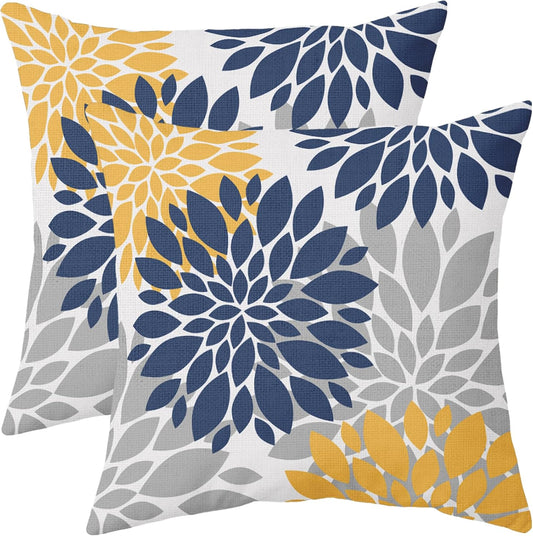 Navy Blue Yellow Pillow Covers 16x16 Set of 2 Grey Gray Dahlia Flower Outdoor Decorative Throw Pillows Modern Geometry Art Farmhouse Pillowcases Linen Cushion Case Decor for Home Sofa Couch Bed