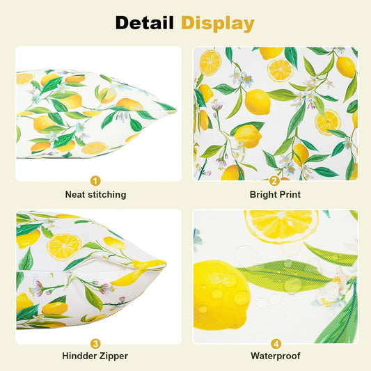 SquarePie Outdoor Pillow Covers 18x18 Inch Set of 2 - Waterproof Lemon Square Cushion Covers for Patio Garden Furniture, Summer Yellow Citrus Decorative Throw Pillow Cases for Couch Sofa Balcony Bench