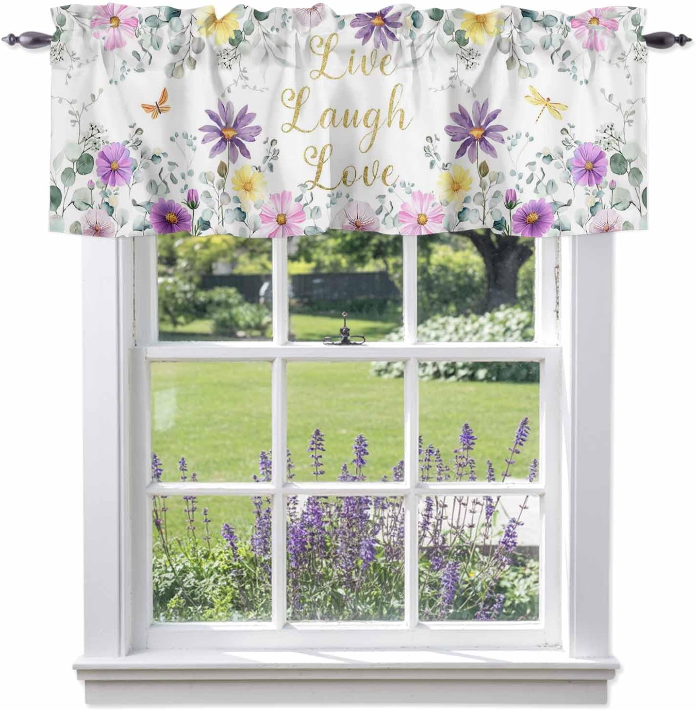 Prime Leader Purple Yellow Flowers Valances Curtain for Windows Spring Floral Eucalyptus Leaf Laugh Love Live Valance Rod Pocket Short Curtains for Kitchen Bathroom Living Room Bedroom, 42" W x 12" L